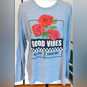 Street Wear Society | Long Sleeve Good Vibes Roses Shirt | Large | Color Grey |